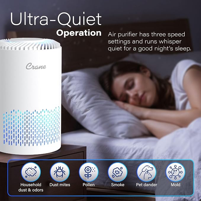 Crane True HEPA Air Purifier for Home, and Dorm Room, Bedroom Essentials