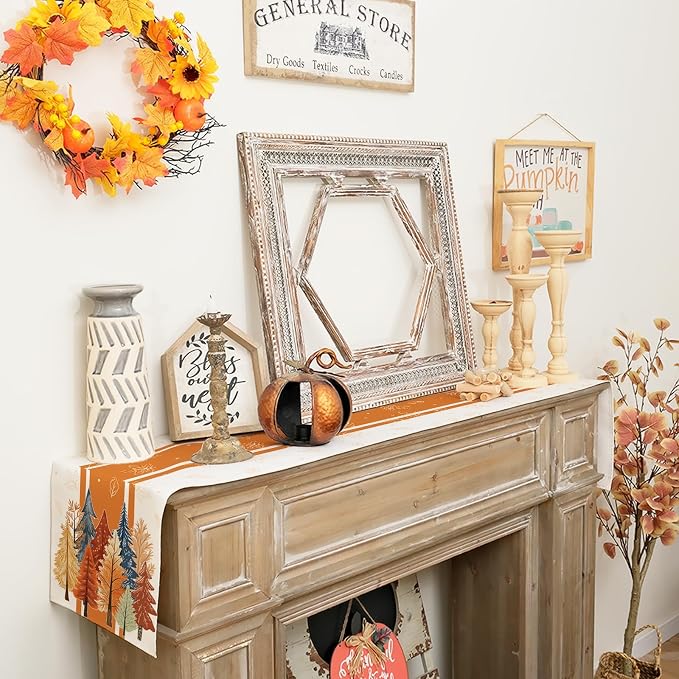 Fall Watercolor Trees & Maple Leaves Striped Table Runner 13x108 Inch, Rustic