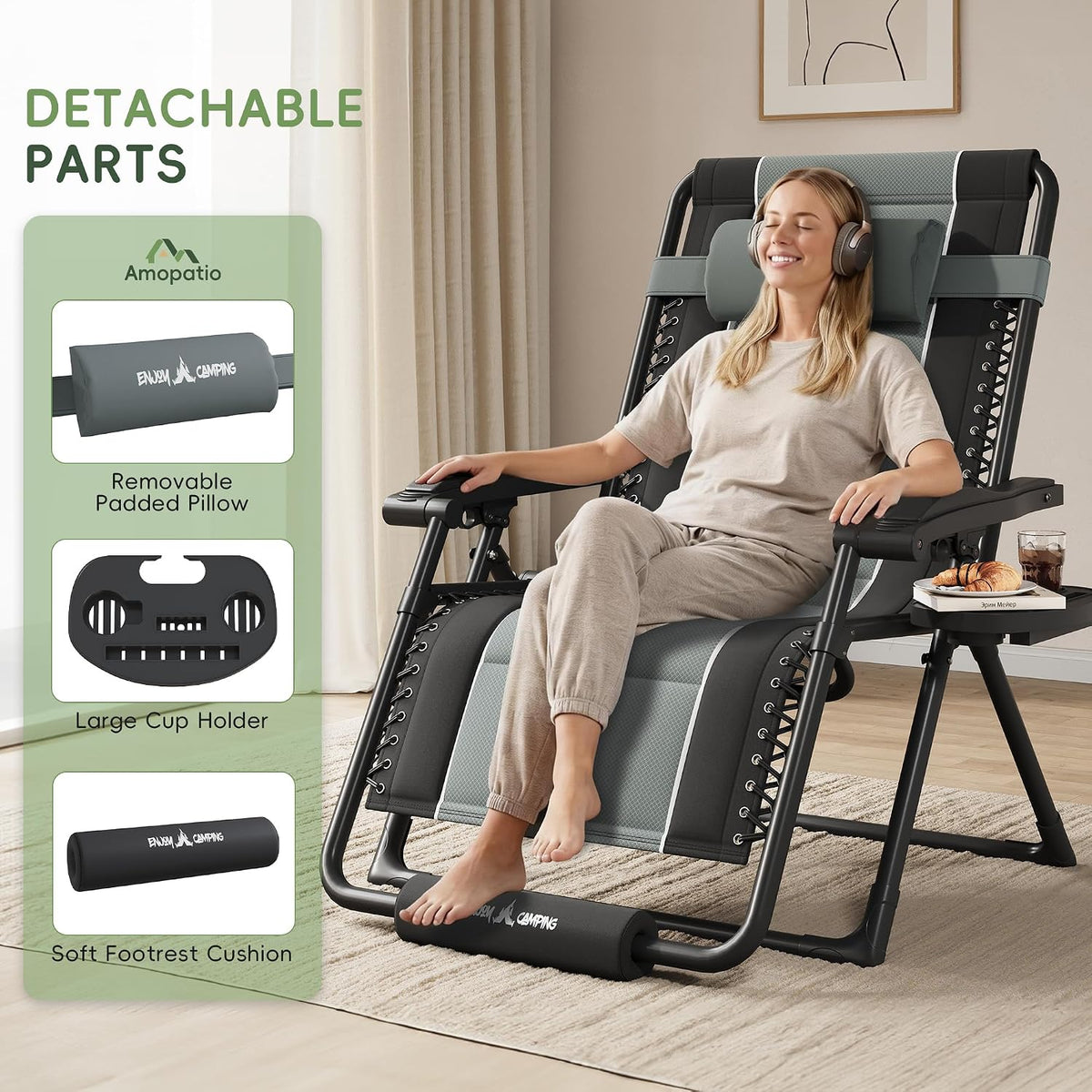 Amopatio XXL Padded Zero Gravity Chairs Foldable Zero Gravity Lounge Chair Outdoor Portable Reclining Chair with Removable Cup Holder/Headrest/Footrest