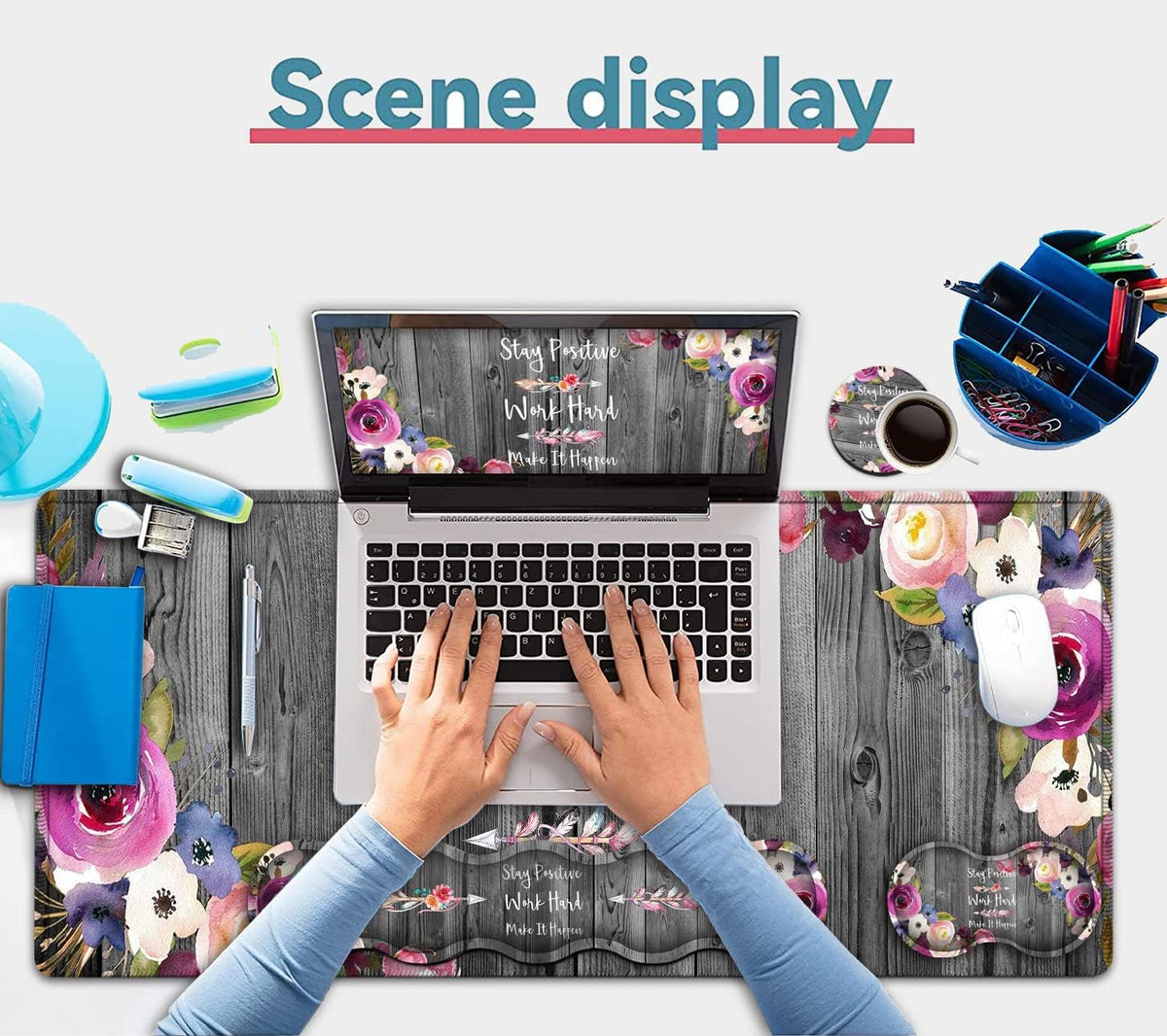 Office Desk Pad,Large Mouse Pad,Laptop Desk Table Protector Writing Mat, Ergonomic Extended Black Mouse Pad, Memory Foam Keyboard Wrist Rest Support Set, Inspirational Work Hard and Flowers Desk Mat