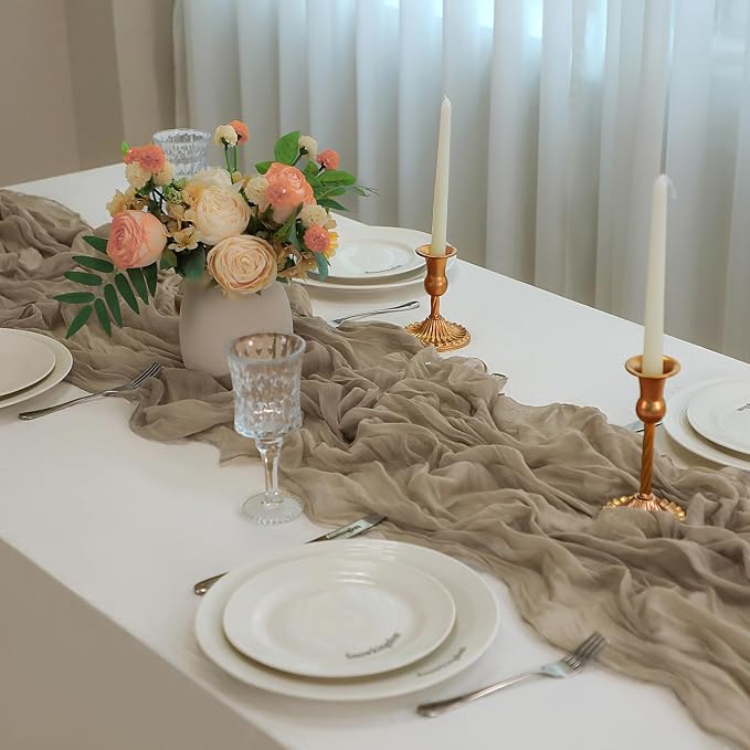 Snowkingdom 6 PCS Nude Brown Cheesecloth Table Runner, Taupe Light Tan 120 inch