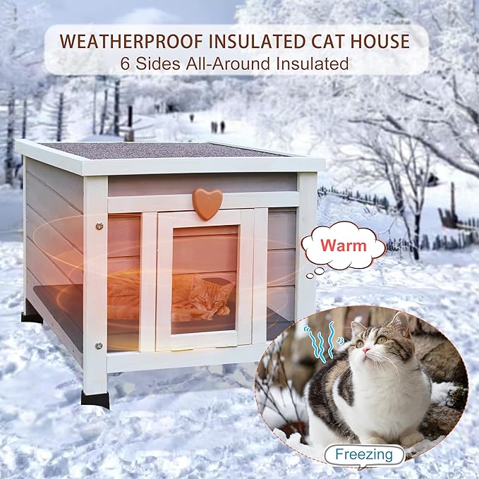 Rockever Outdoor Cat House, Insulated Outdoor Cat House with Warm Liner for Winter, Weatherproof Rabbit Hutch Bunny Cage, Wooden Outside Shelter for Feral Cats, Rabbits