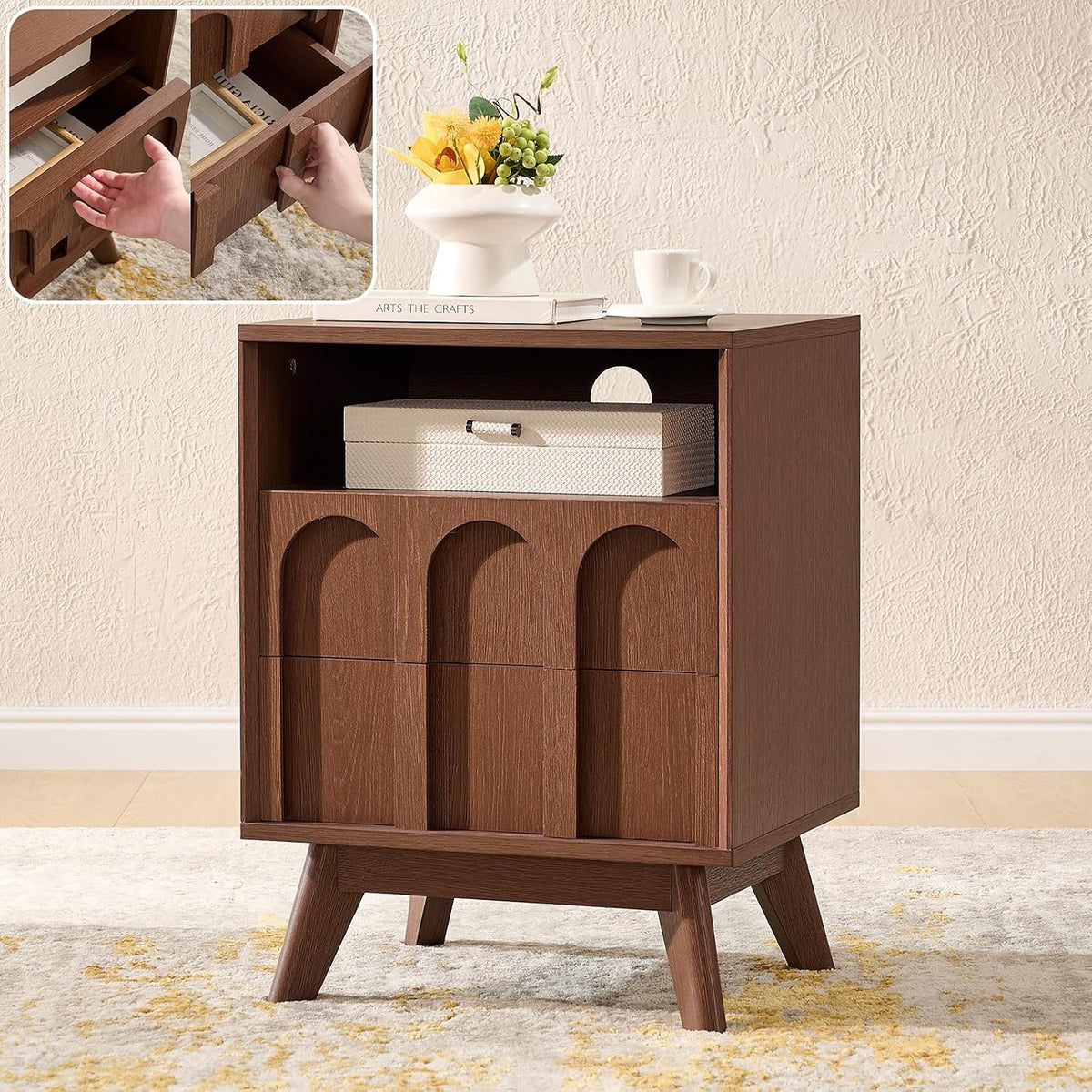 Oak&Sparrow Mid Century Modern Dresser for Bedroom, Walnut 2 Drawer Dresser with Arched Front, Open Shelf, Charging Station, 18.3'' Wide Storage Organizer