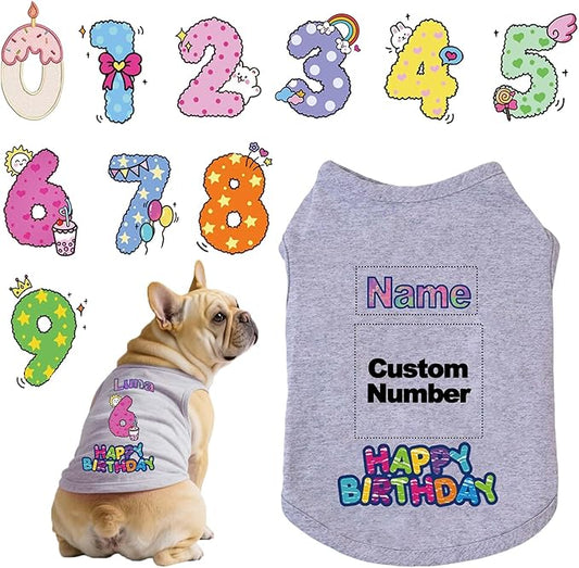 Custom Dog Birthday Shirt,Personalized Pet Apparel Print with Name Age Number,Pet Birthday Outfit,Lightweight Breathable Cotton Vest for Small Medium Large Dogs Cat (Grey, 3X-Large)
