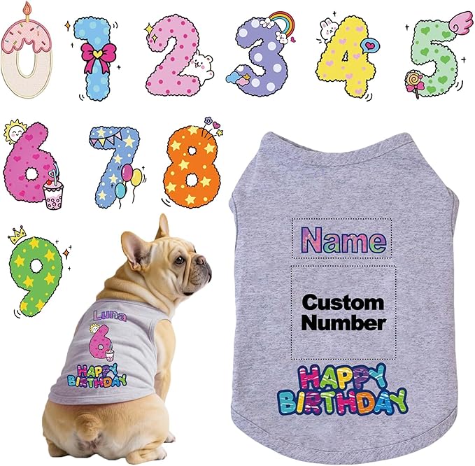 Custom Dog Birthday Shirt,Personalized Pet Apparel Print with Name Age Number,Pet Birthday Outfit,Lightweight Breathable Cotton Vest for Small Medium Large Dogs Cat (Grey, Small)