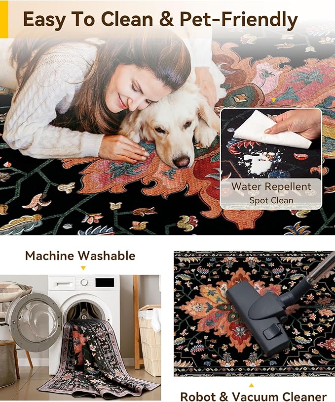 RELEANY Area Rugs Square 10ft Washable Non-Slip, Floral Vintage Distress