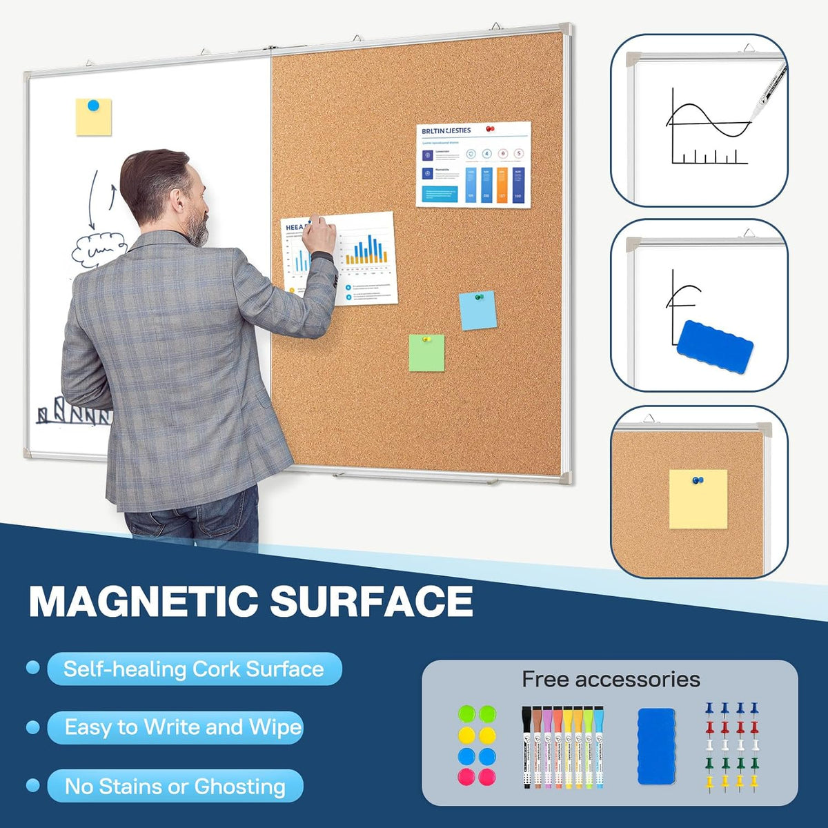 Large White Board Dry Erase Foldable Cork Board Combo 60x40 for Wall