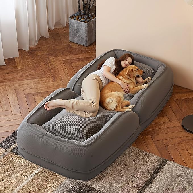 Adjustable 5-Position Human Dog Bed for People, Big Comfy Plush Floor Gaming Lazy Sofa Chair with Pillows & Back Support, Foldable Lounge Loveseat Couch for Living Room Bedroom (Grey①)