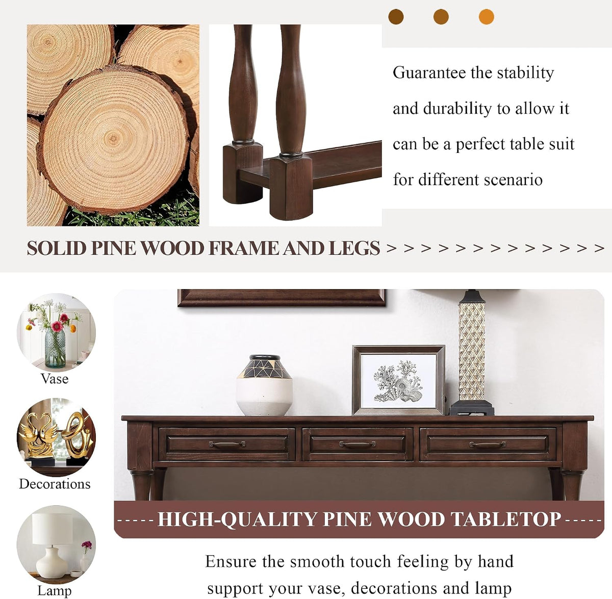60inch Solid Wood Console Table with 3 Drawers and 1 Bottom Shelf Extra-Thick Sofa Table(Light Espresso)