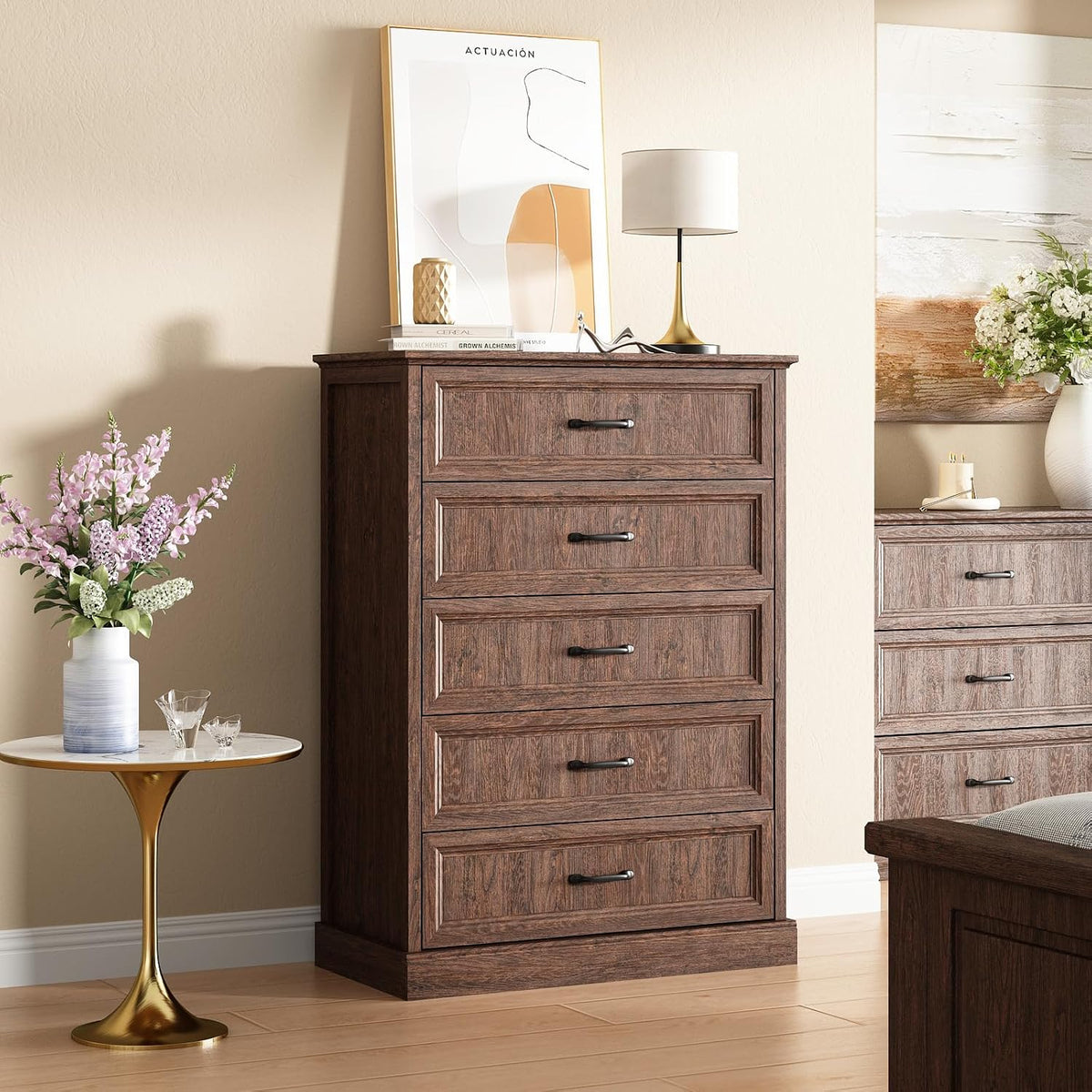 CARPETNAL Farmhouse 5 Drawer Dresser for Bedroom, 44" Tall Brown Dresser.