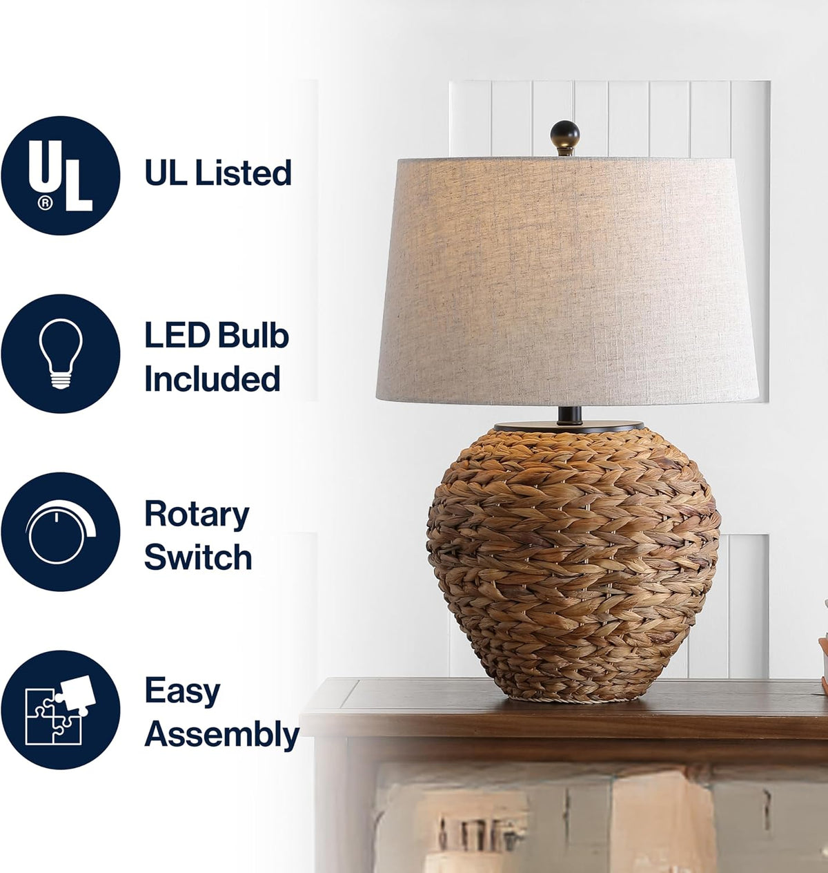 JONATHAN Y Alaro Table Lamp Woven Water Hyacinth Basket 24.5", Natural
