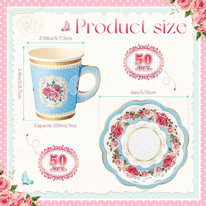 Tioncy 100 Pcs Tea Party Decorations Include 50 Pieces 9 oz Paper Tea Cups