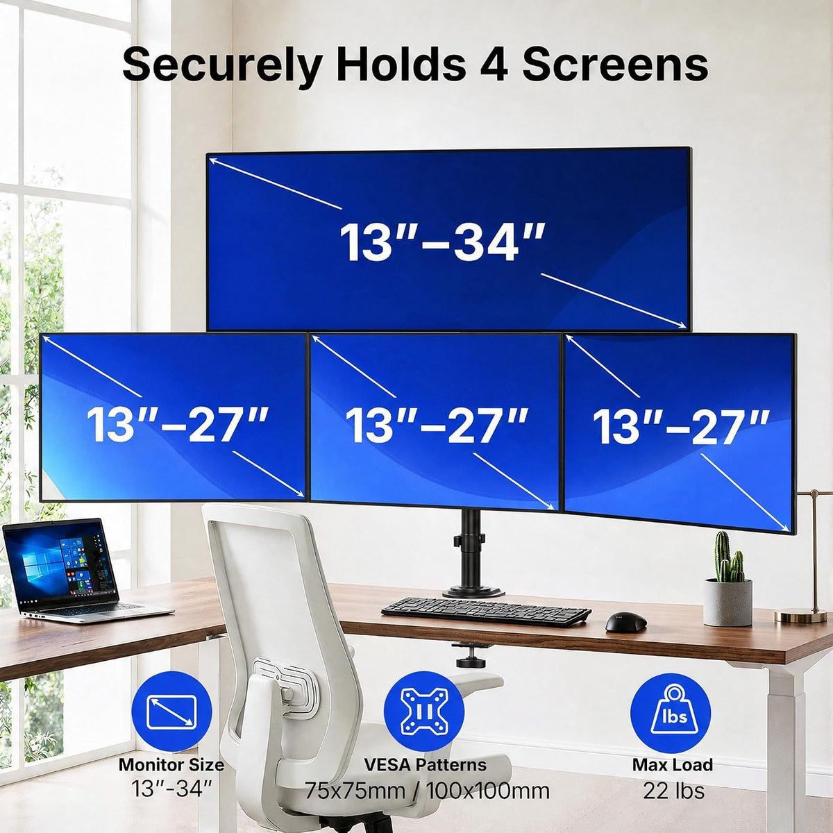 HUANUO 4 Monitor Mount for 13-34 Inch Screens, Fully Adjustable Heavy Duty Monitor Desk Mount for 4 Screens with Swivel, Tilt, Rotation, Larger C-Clamp & Grommet Base, Each Arm Holds up to 22 lbs