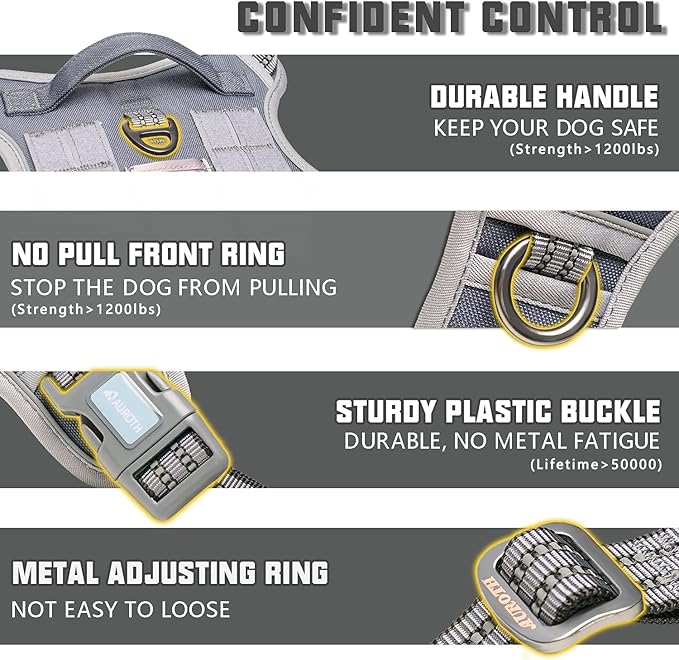 Auroth Tactical Dog Harness for Small Medium Dogs No Pull Adjustable Pet Harness Reflective Working Training Easy Control Pet Vest Military Service Dog Harnesses Grey S