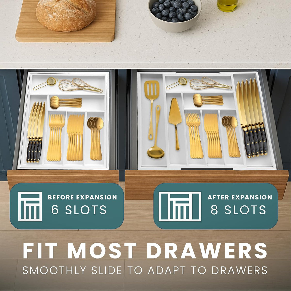 Sben Bamboo Cutlery Drawer Organizer, White, Medium