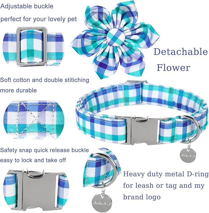 Dog Collar with Flower, Comfortable Durable Cotton Flower Collar for Girl Boy Dog or Cat, Adorable Puppy Collar with Metal Buckle, Blue Grid Gift Collar, XS