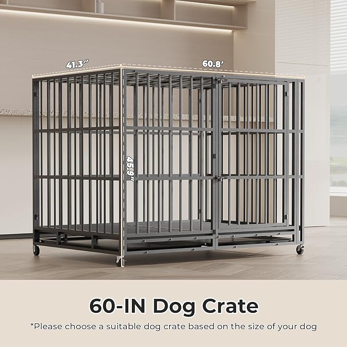 60 Inch Heavy Duty Dog Crate Indestructible XL Steel Escape Proof, Indoor High Anxiety Cage Kennel with Wheels, Removable Tray, Extra Large Kennel XL XXL