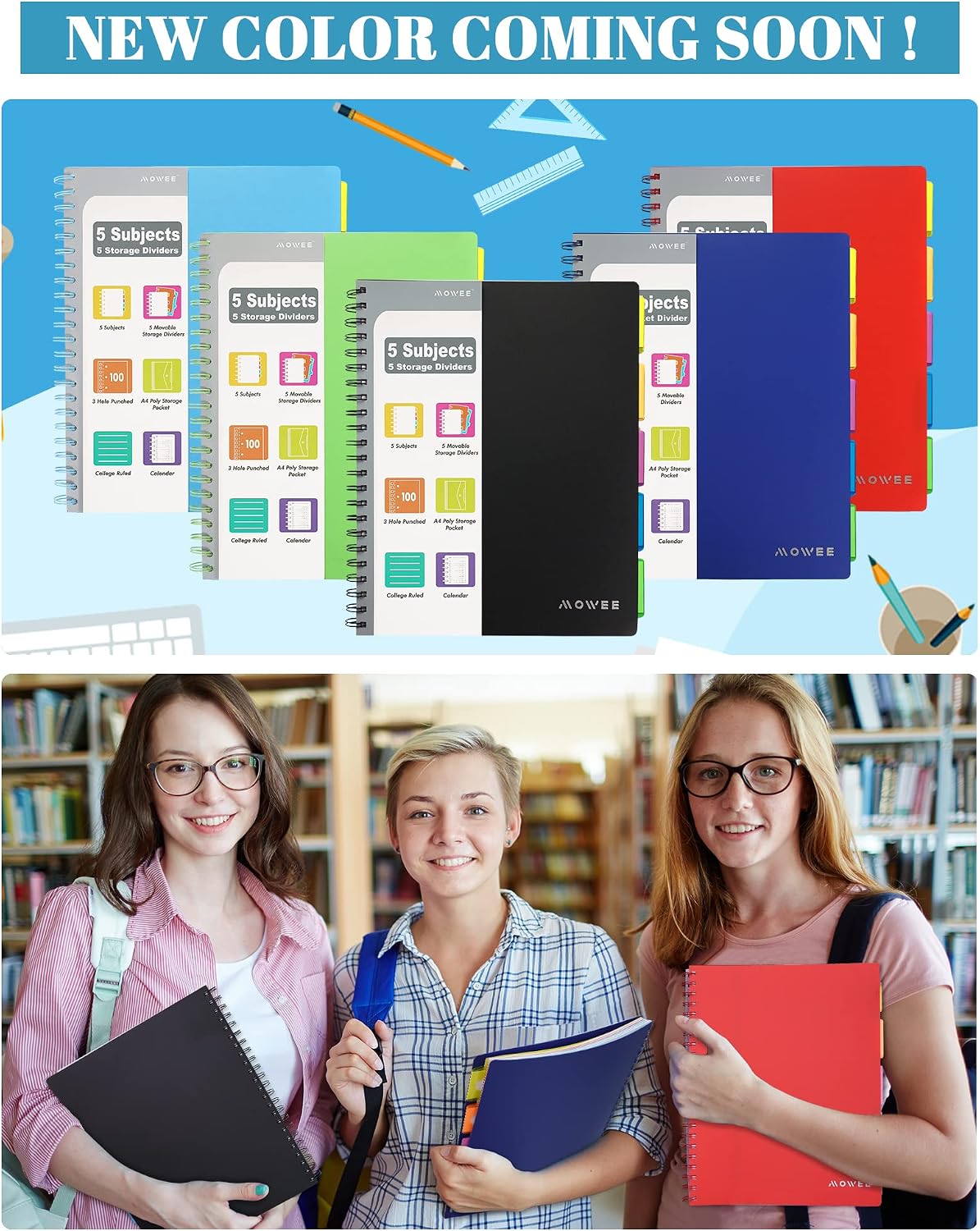 5 Subject Notebook, 3 Pack College Ruled Notebook with Storage Divider Pockets, Index Tabs, 11" Ruler, 200 Pages, for School, Business, Office Supplies, 8.1''x11.7''（Black Red Blue