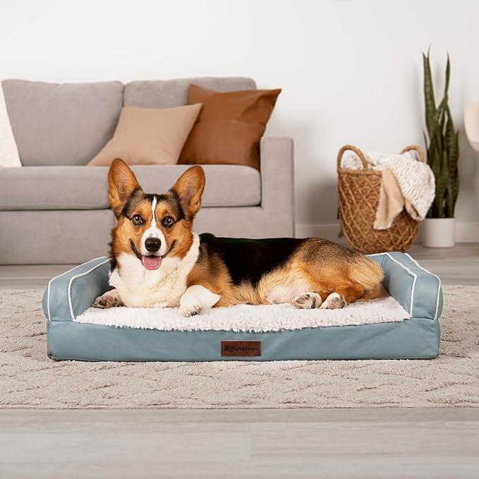 Furhaven Cooling Dog Sofa Bed – Memory Foam Couch with Bolsters, Textured Plush & Water-Resistant Cover, Washable Cover - Riverway, Medium