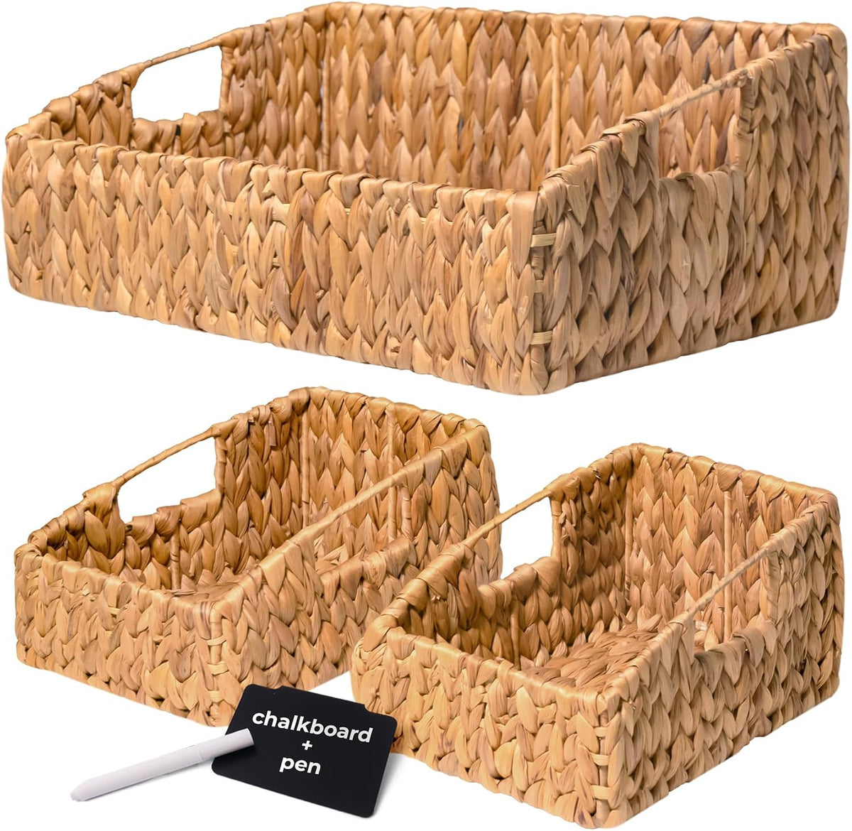 KOKODO Rectangular Wicker Storage Baskets for Shelves, Set of 3 Water Hyacinth Woven Bins with Handles, Open Front Pantry Shelf Organizer for Closet, Bedroom, Boho Decorative, Natural