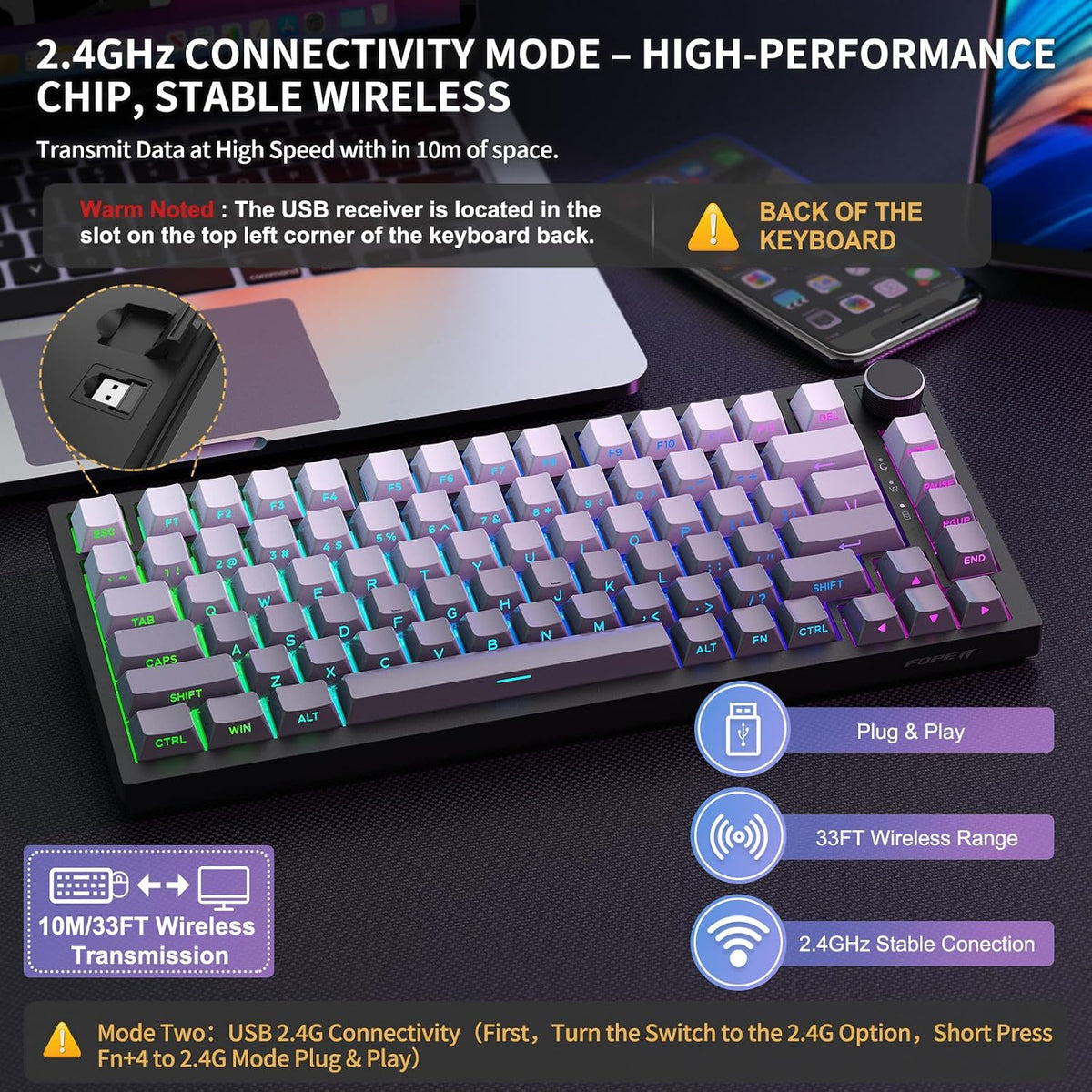 FOPETT Wireless Mechanical Keyboard Rechargeable Adjustable Backlight Three Mode Wired /2.4G /Bluetooth Side Engraved for Laptop/Windows/PC - Gradient Grey Black