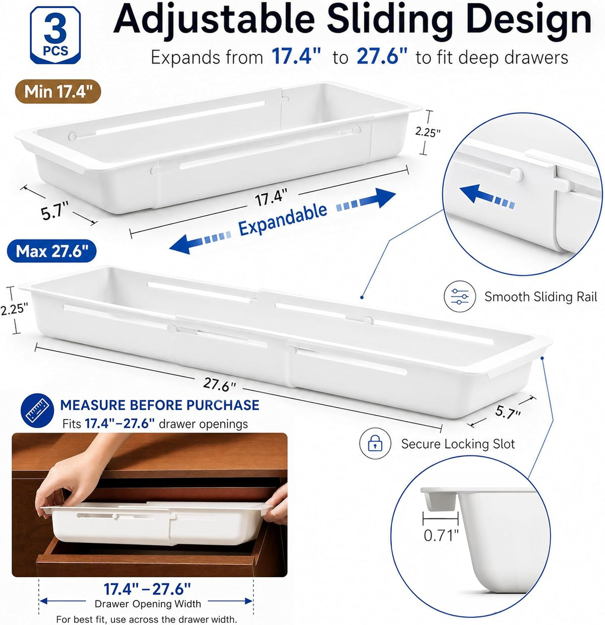 3-Pack Expandable Drawer Organizer for Deep Drawers, Adjustable 17–27 in Storage Tray, Durable PP Smooth Glide Divider for Kitchen, Vanity & Office, Space-Saving Design