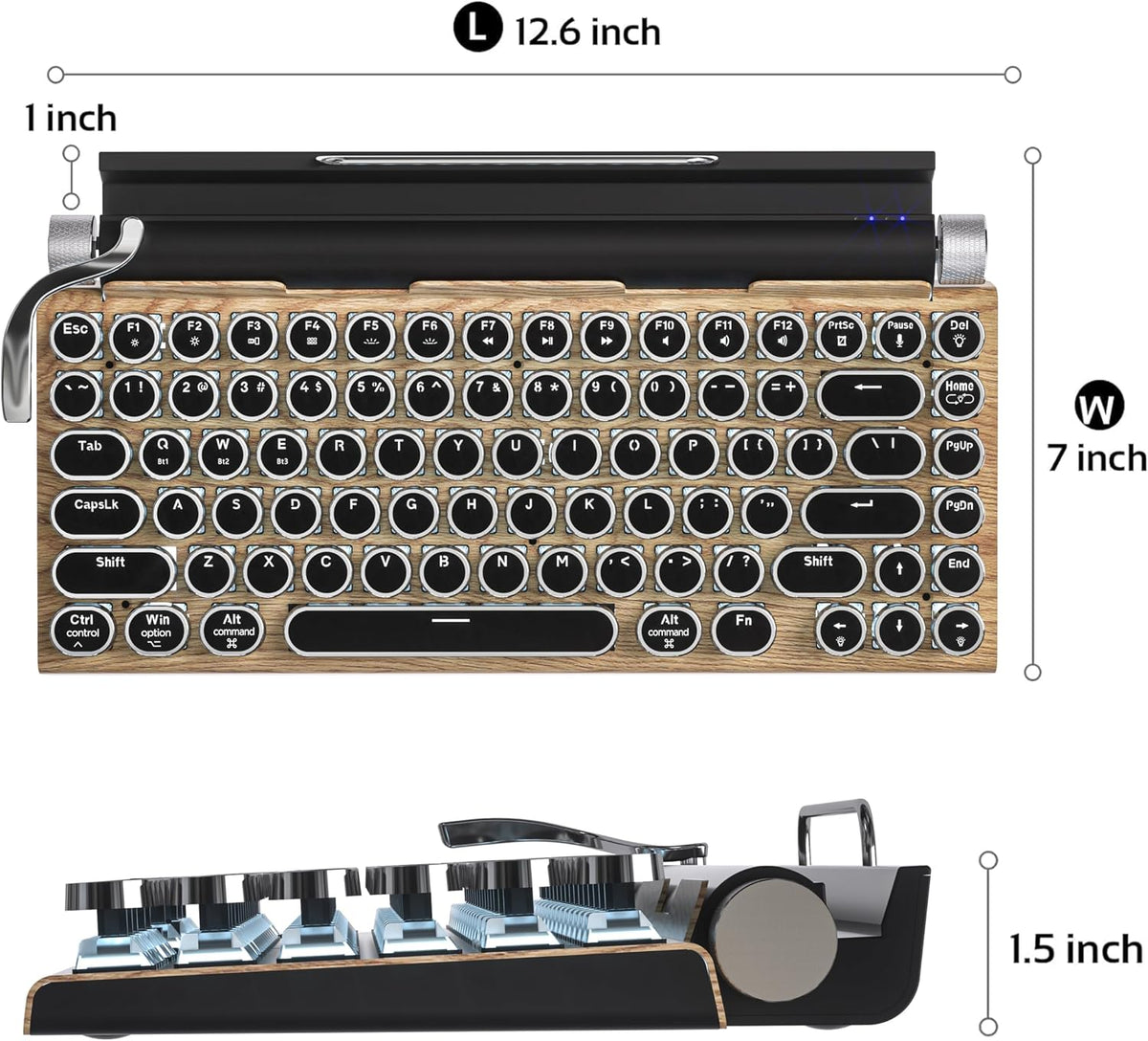 Retro Typewriter Wireless Mechanical Gaming Keyboard, Bluetooth 5.0 Office Computer Vintage Keyboards 83-Key Blue Switches Punk Round Keycap, LED Backlight, Compatible with PC/Laptop/Pad/Phone, Wood