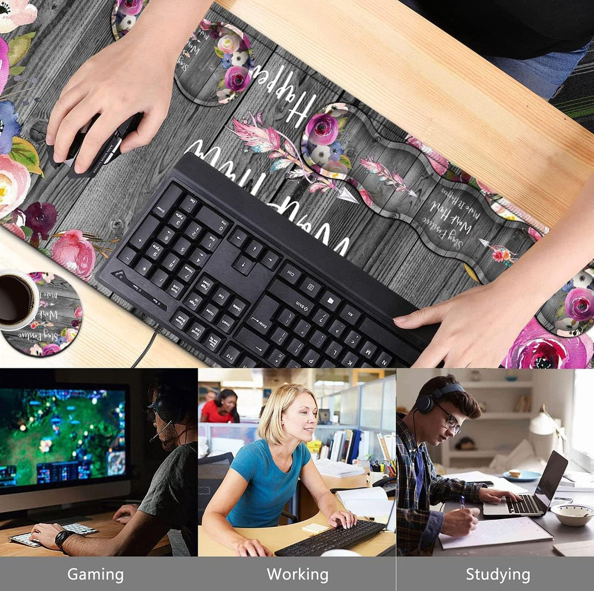 Office Desk Pad,Large Mouse Pad,Laptop Desk Table Protector Writing Mat, Ergonomic Extended Black Mouse Pad, Memory Foam Keyboard Wrist Rest Support Set, Inspirational Work Hard and Flowers Desk Mat