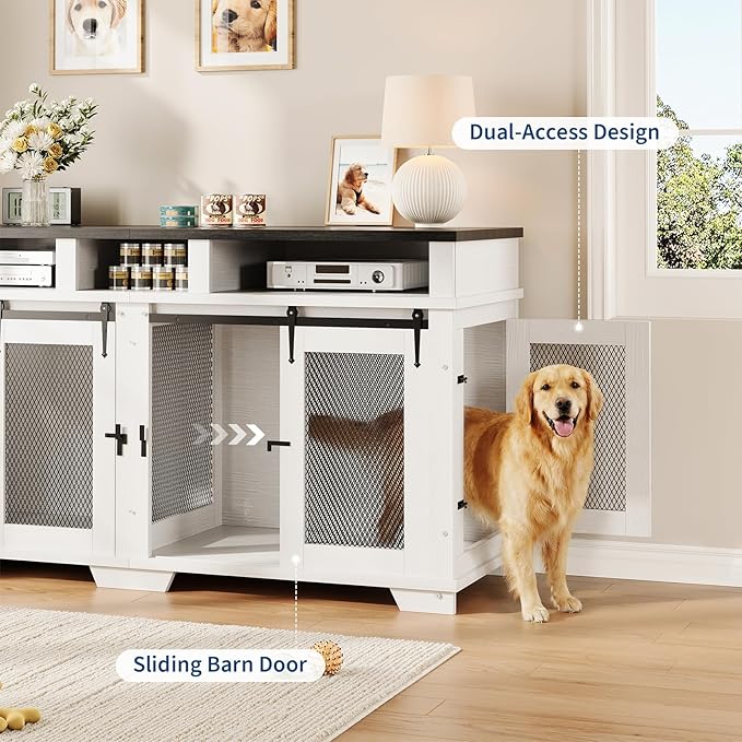 71'' Dog Crate Furniture for 2 Dogs, Extra Large Double Dog Kennel Indoor with Removable Divider and Storage Drawers, Wooden Dog Crate TV Stand for Large Medium Dogs