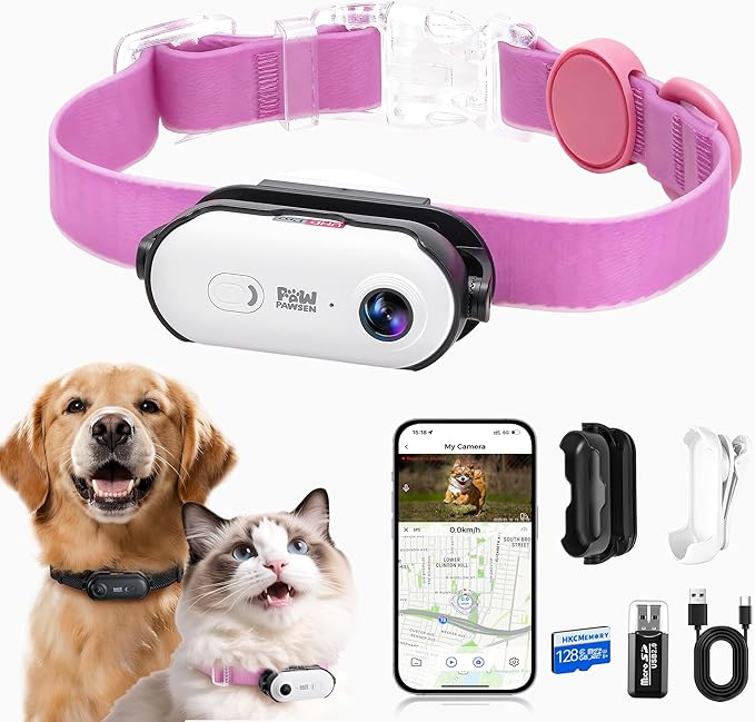 4K UHD Dog& Cat Pet Camera Collar, Video Recorder with Phone App Live View, Outdoor & Indoor POV Action Cam for Small and Medium-Size Dogs(White - Pink Waterproof Collar - M, 128g)