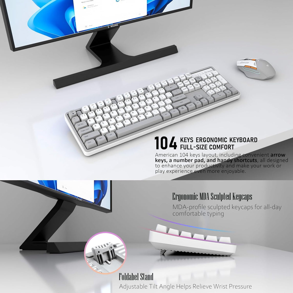 Rechargeable Wireless Keyboard and Mouse Combo, Full-Size - White-Gray