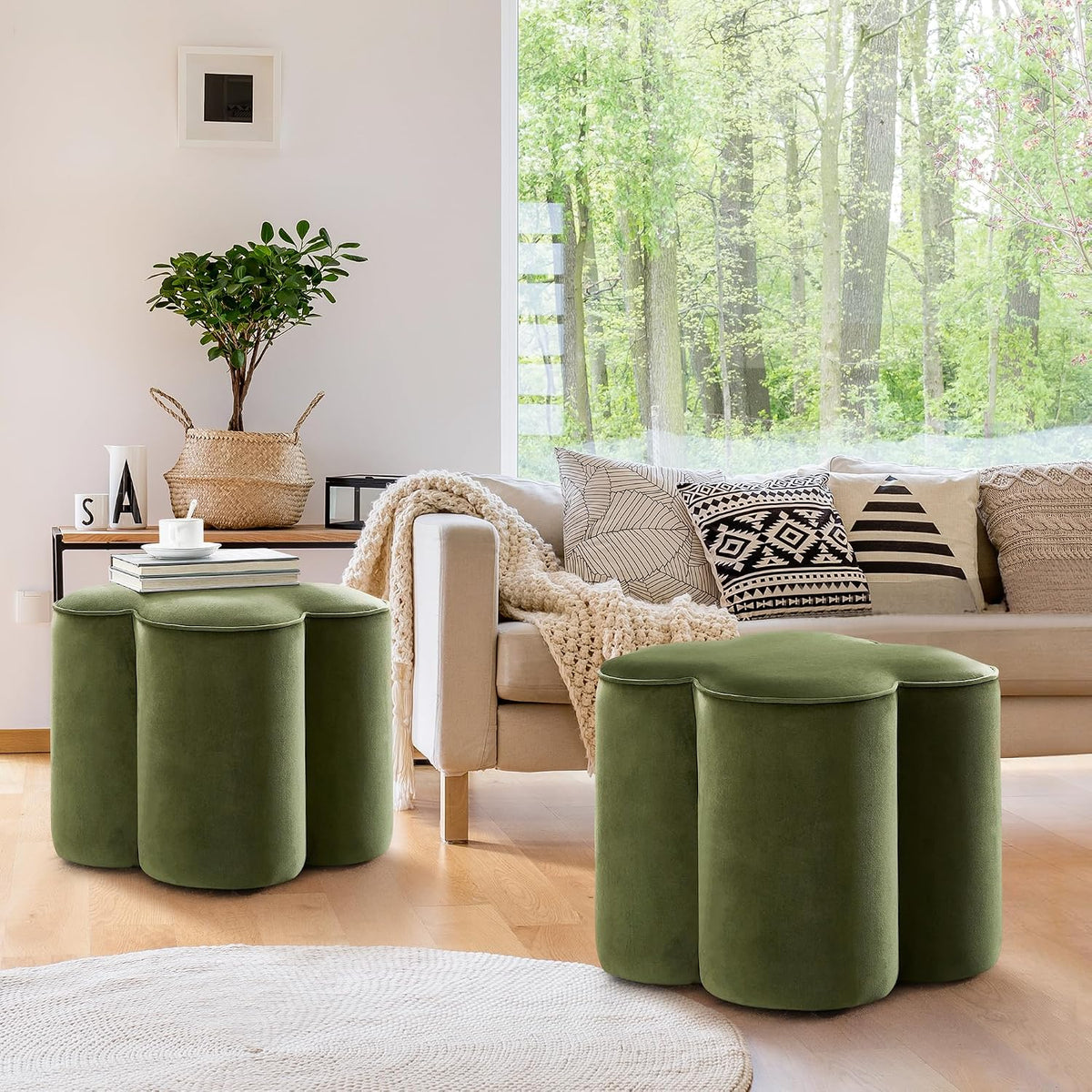 Olive Green Velvet Ottoman Set of 2, Modern Small Vanity Stool
