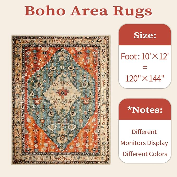SERISSA 10x12 Area Rugs for Living Room, Large Washable Non-Slip Boho Rug