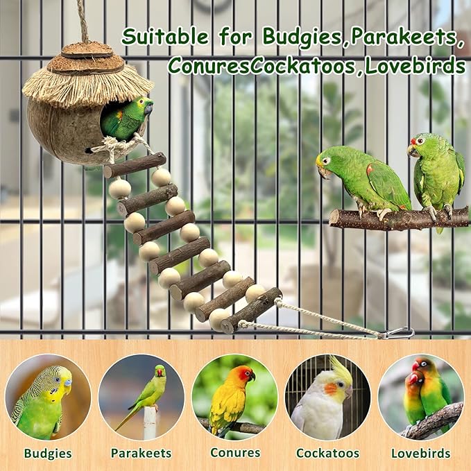 Tfwadmx Hanging Bird House with Ladder Natural Coconut Fiber Birds Nest Coco Shell Hideaway Lovebird Swing Toys Parrot Cage Accessories for Parakeet Finch Parrot Canary