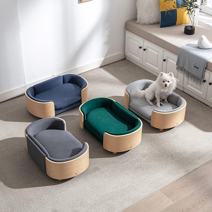 Luxury Dog Bed Pet Sofa - Solid Wood Legs & Bent Wood Back, Removable Washable Velvet Cushion, Modern Pet Furniture for Small/Medium Dogs/Cats (Dark Grey)