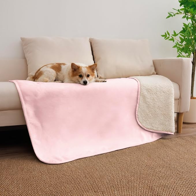 Waterproof Dog Blanket for Large Dog, Leak Proof Pet Sherpa Couch Throw Blankets for Cat, Reversible Sofa Bed Protector Machine Washable-40 x50,Pink