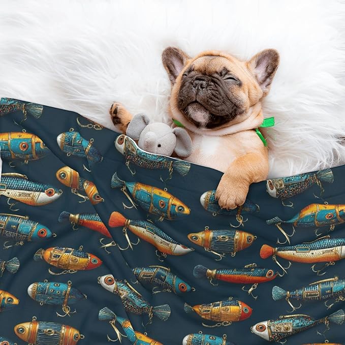 Waterproof Dog Blanket Soft Pet Blanket for Puppy Cat, Fleece Cat Throw Blankets for Furniture Bed Couch Sofa Reversible - Colorful Fishing Lures 2