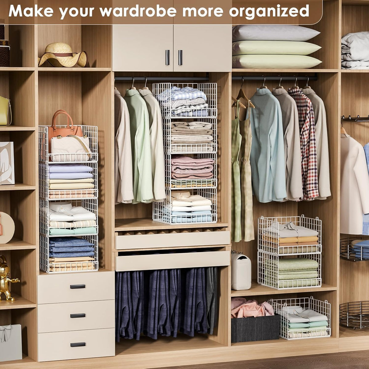 4-Tier Stackable Closet Organizers and Storage Baskets, Closet Shelf Organizer, Space-Saving Clothes Storage Drawer, Foldable Clothes Storage Bins for Closet Organizer System, White(Patent 30022416)