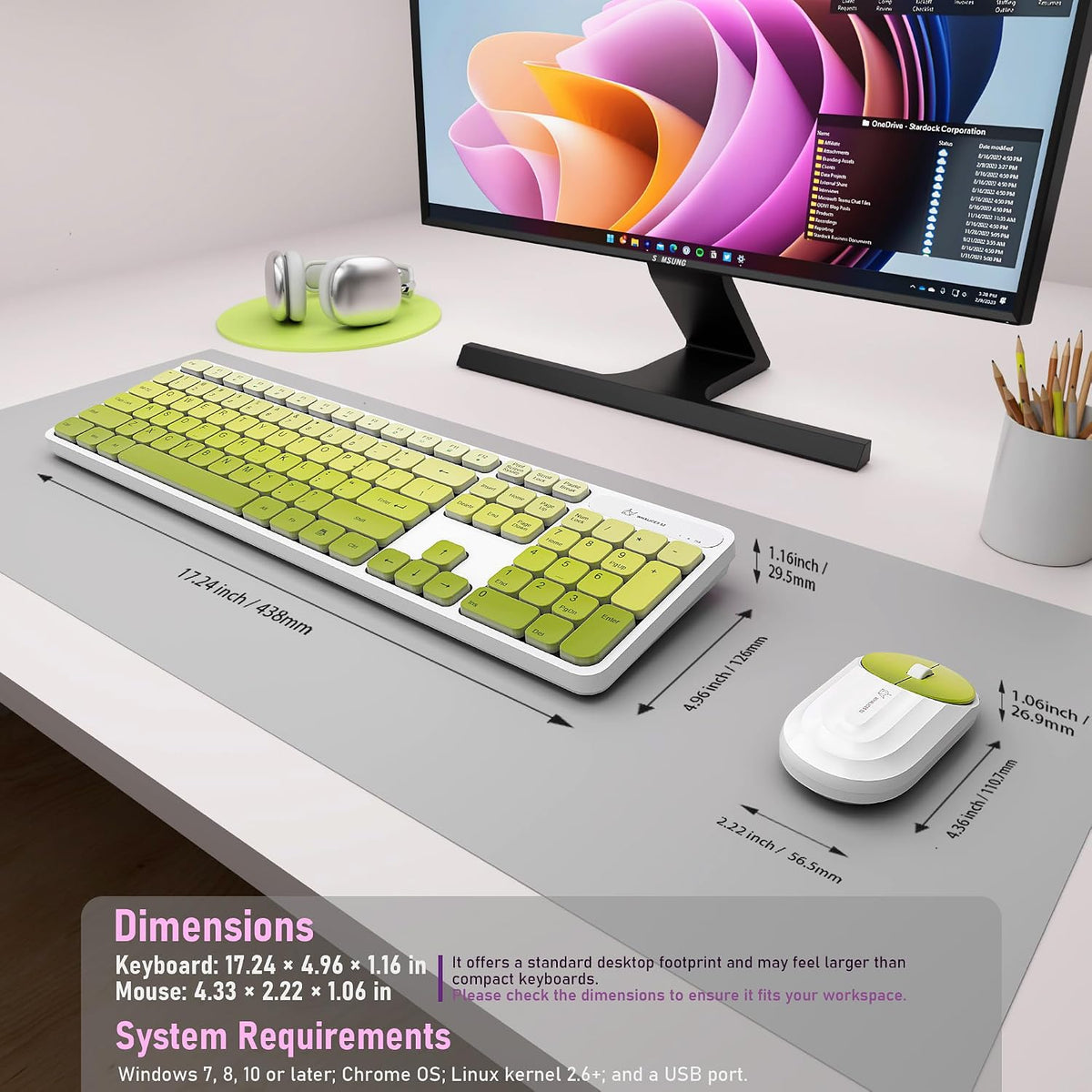 Wireless Keyboard and Mouse Combo, Rechargeable - Green
