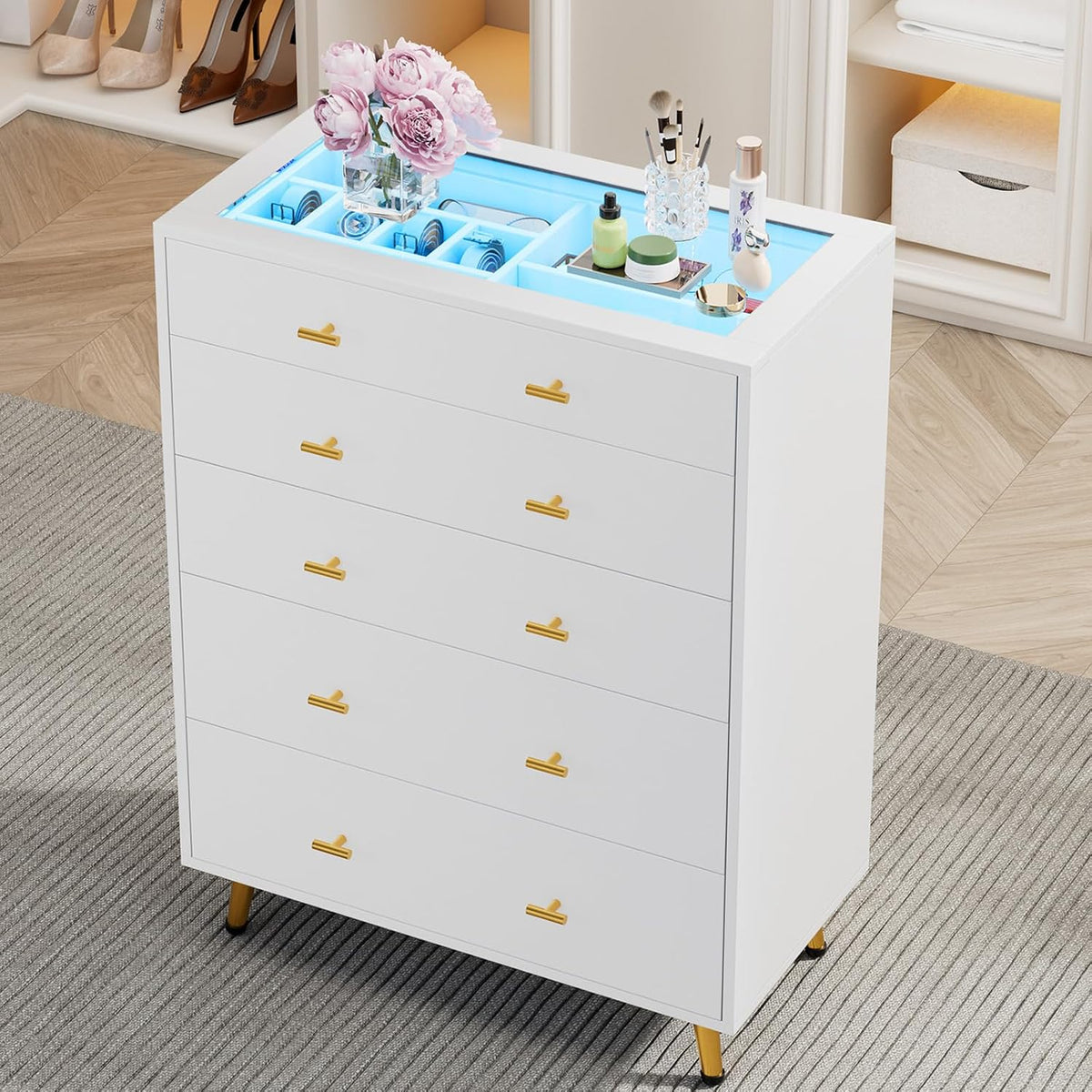 Drawer Dresser with Glass Top and LED Lights, White