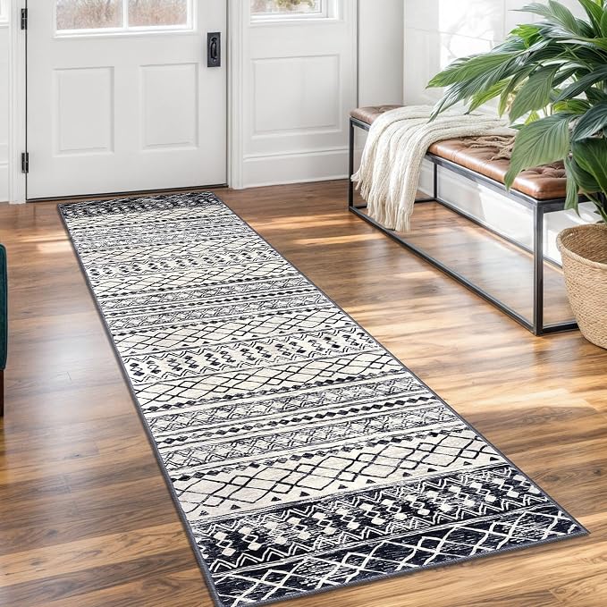 KUTA Moroccan Washable Kitchen Rug, 2x7 Non-Slip Vintage Black Navy Blue Boho