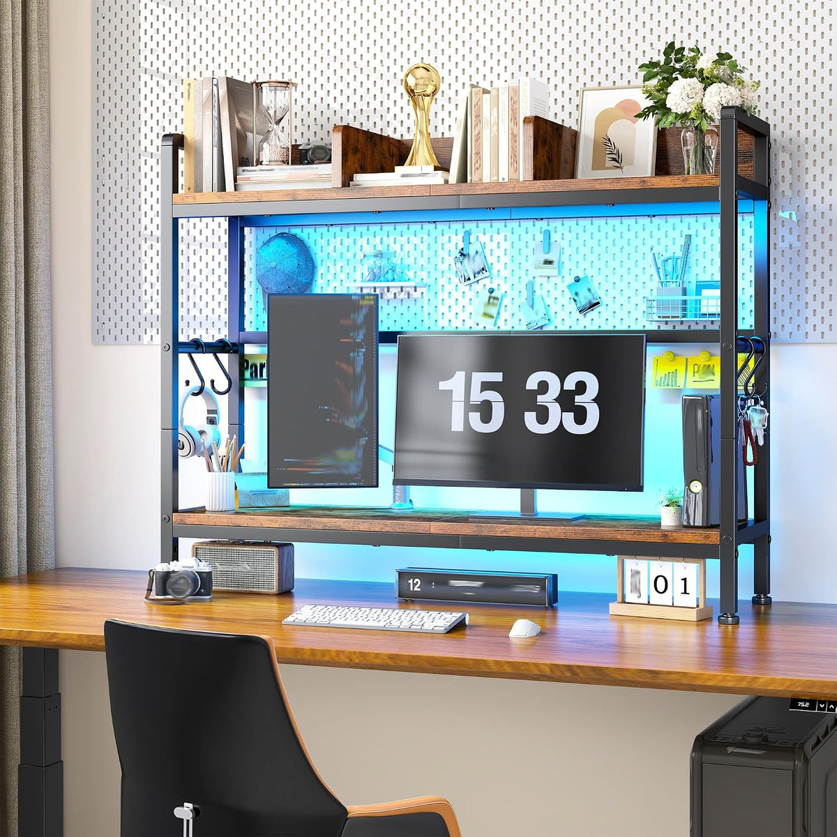REIBII 2-Tier Desk Shelf with LED for Bedroom and Home Office, Rustic Brown