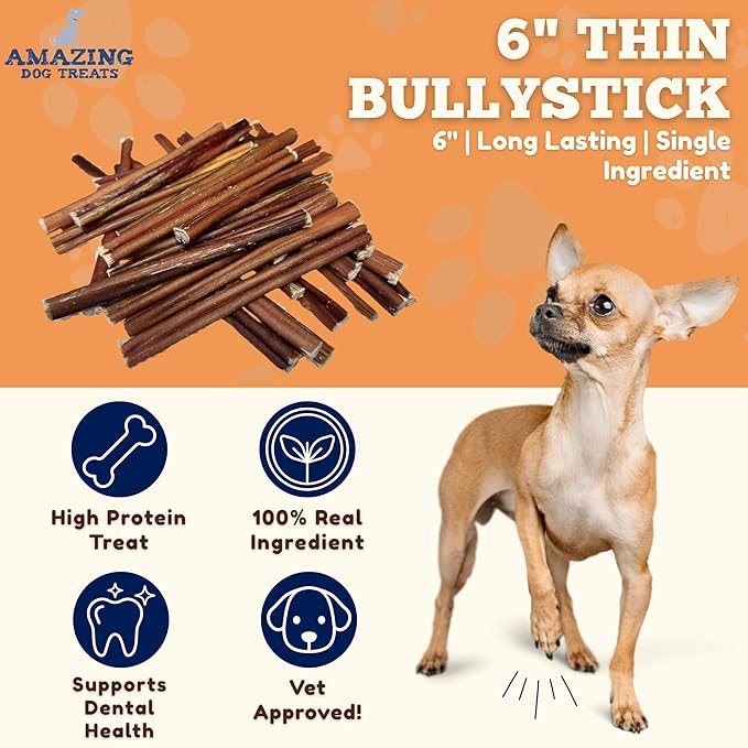 Amazing Dog Treats - Bully Sticks for Small Dogs (6 Inch Junior - 100 Count) - Premium Thin Bully Sticks for Dogs - High Protein, Grass Fed, Additive Free