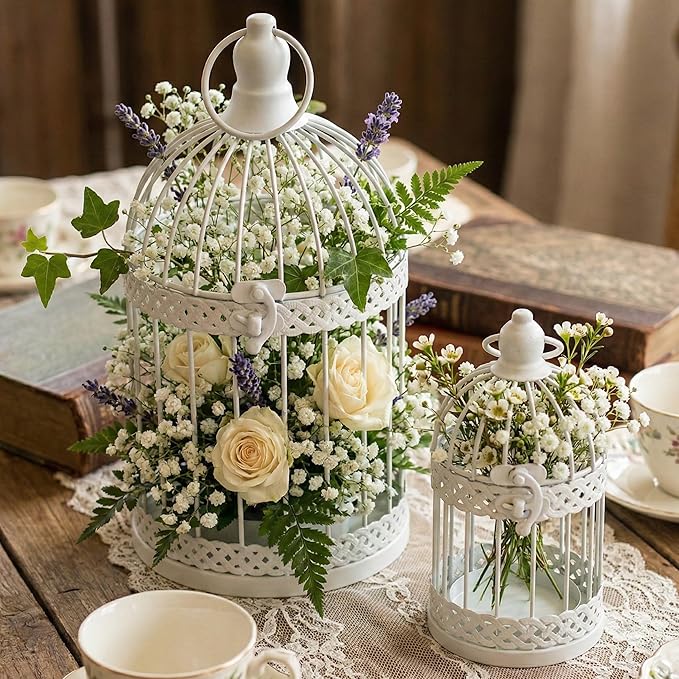 Vela Lanterns Bird Cage Decor Candle Holder Lantern Decorative Wedding Table Centerpiece Decorations, 10" and 6" Tall, White, Set of 2