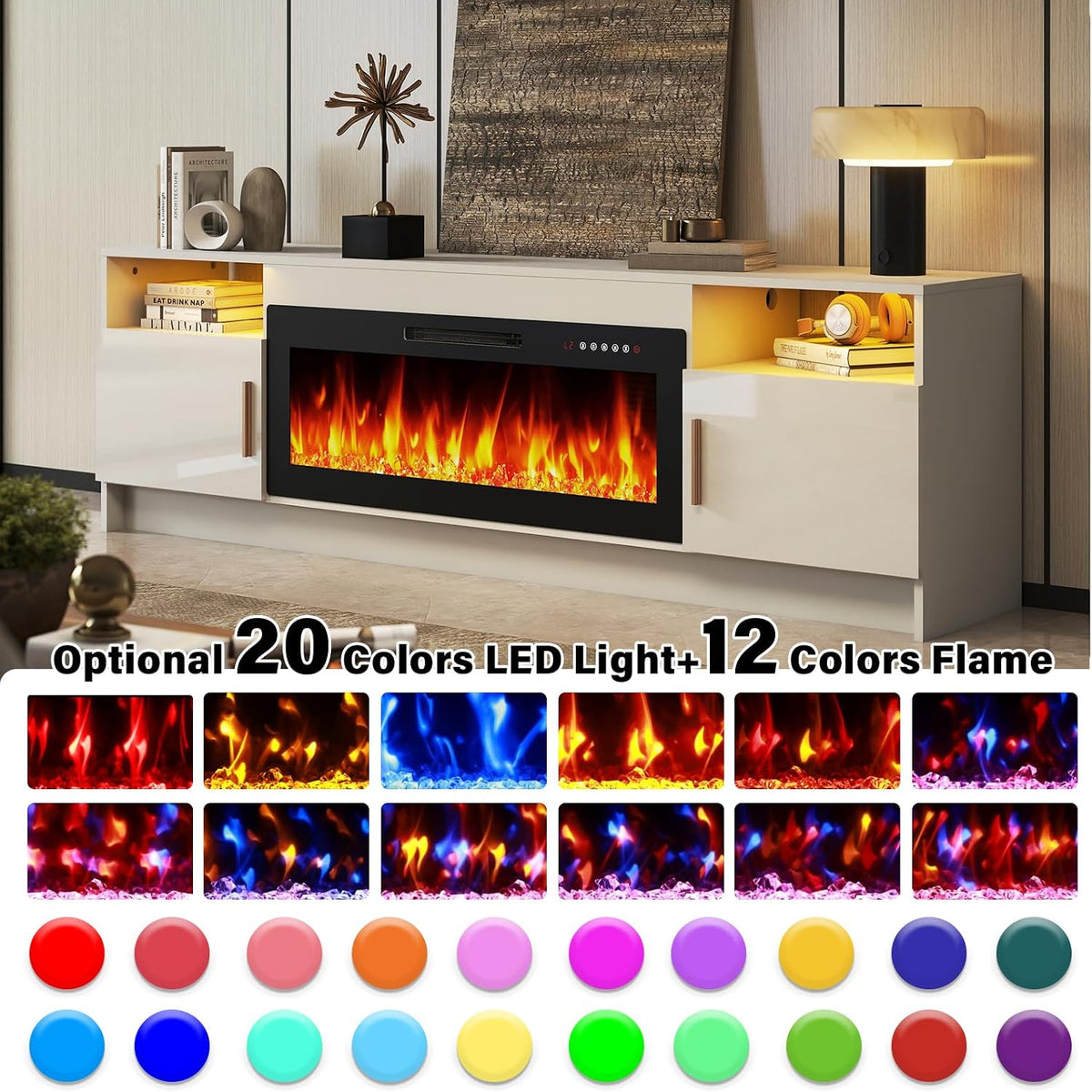 70 Inch TV Stand with 36 Inch Electric Fireplace, Modern White Glossy Doors Entertainment Center for TVs Up to 80", TV Media Console with 20 Color LED Lights and Storage Cabinets for Living Room