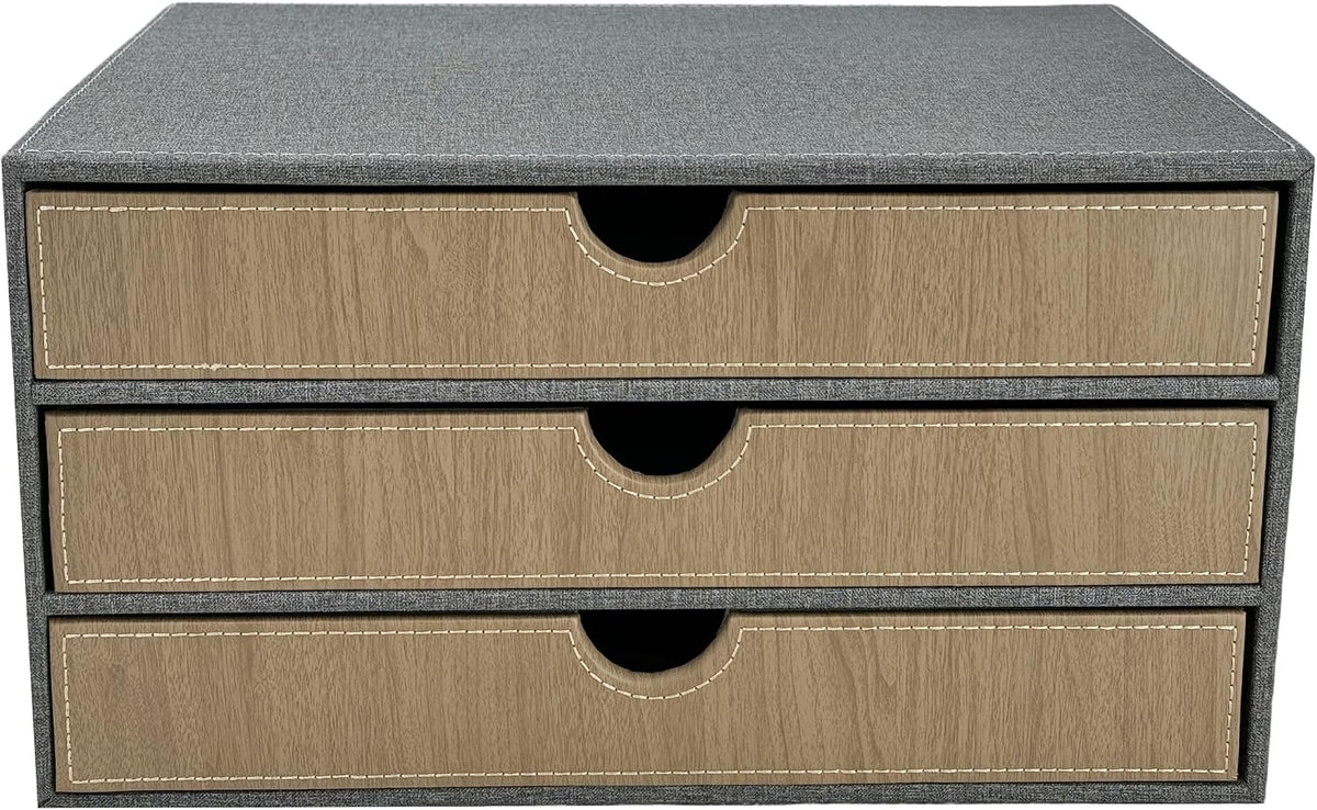 3-Drawer Leather Desk Organizer with A4 File Holder-Stackable Modular Storage Box for Office Supplies,Files,Bills & Jewelry-Space-Saving Design for Home Office,Desk & Workspace(Grey Cloth)