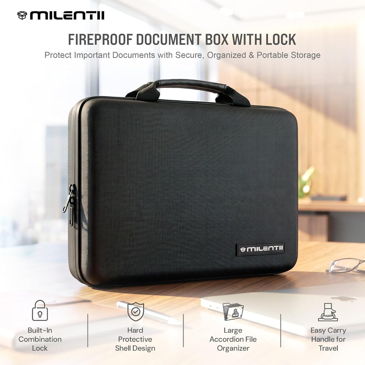 Fireproof Document Bag with Lock & Waterproof File Organizer, Portable Safe Box with 13 Pockets Accordion File Folder, Combination Lock Bag with Handle, Hard-Rubber Briefcase for Home, Office & Travel