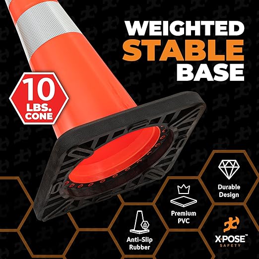 Xpose Safety 28 Inch Orange Slim Line Traffic Cones Heavy Duty 10lb 6" & 4" Collar - Bulk Half Pallet 150 Pack - Multipurpose PVC Plastic Safety Cone Parking, Caution & Construction - DOT Approved