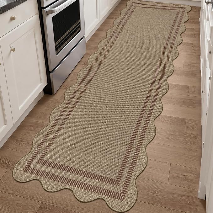 Scalloped Easy Jute 2.6x8 Kitchen Runner Rug, Washable Rugs