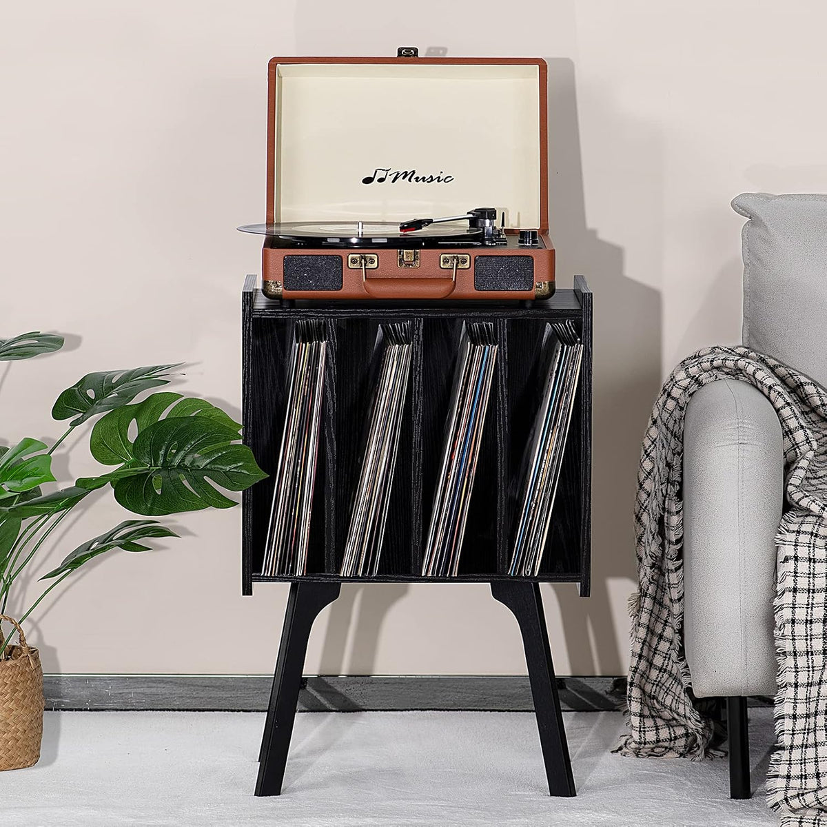 LELELINKY Small Record Player Stand, 4 Cabinet Vinyl Storage Table, Black